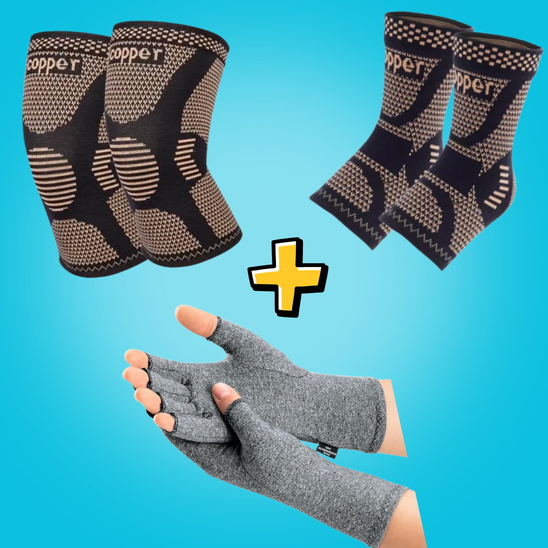 1 x Genunchiera Cupru I 1 x Soseta cu fir de cupru I 1 x Manusa Compresivă
