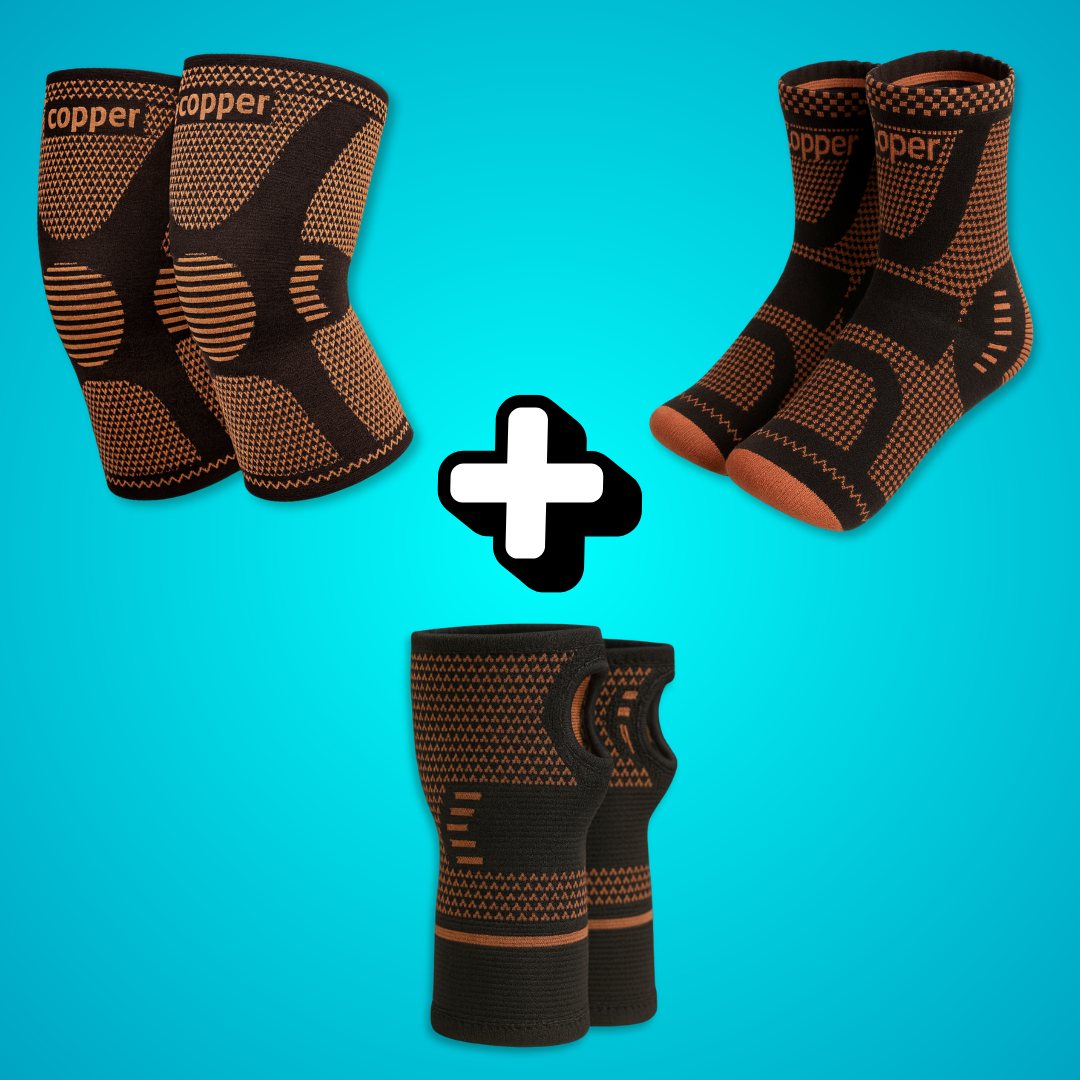 1 x Genunchiera Cupru I 1 x Soseta cu fir de cupru I 1 x Manusa cu Fir de Cupru