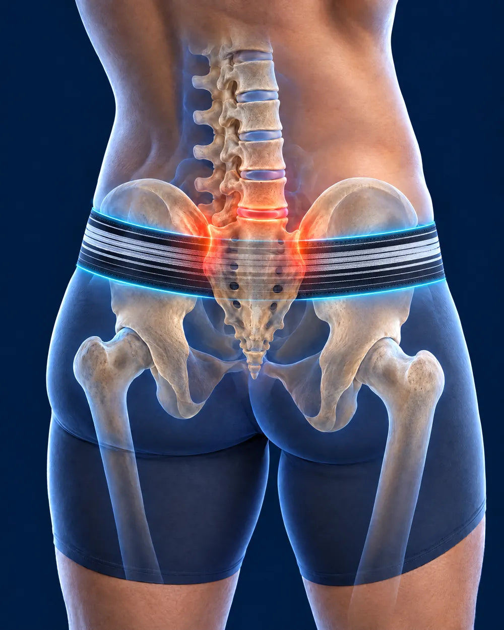 Ilustrație anatomică văzută din spate: coloana lombară, sacrul și bazinul, cu centura îngustă strânsă jos, pe bazin, peste zona discului lombar și a articulațiilor sacroiliace